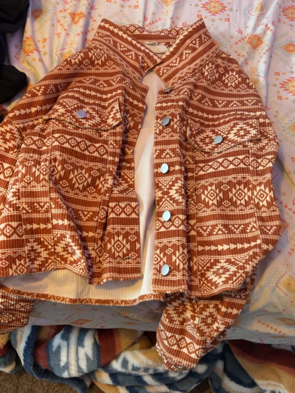 Savanna Jane Rust and Cream Aztec-Pattern Jean Jacket